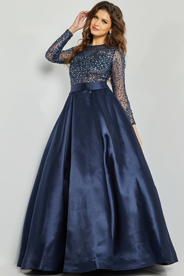 Jovani Mother of the Bride Jovani 46044 Navy Beaded Long Sleeve Ballgown