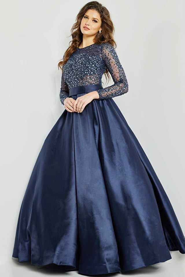 Jovani Mother of the Bride Jovani 46044 Navy Beaded Long Sleeve Ballgown