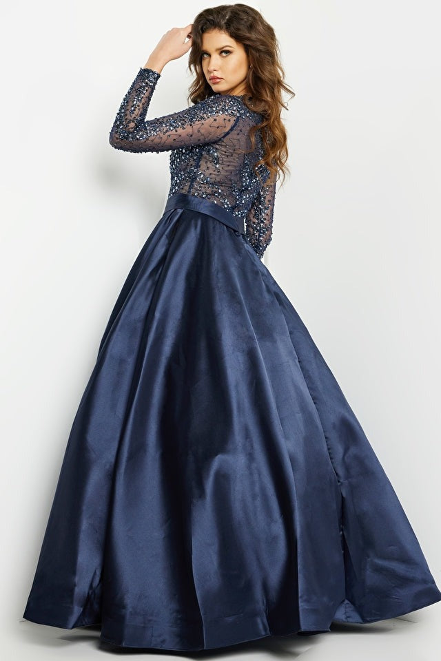 Jovani Mother of the Bride Jovani 46044 Navy Beaded Long Sleeve Ballgown