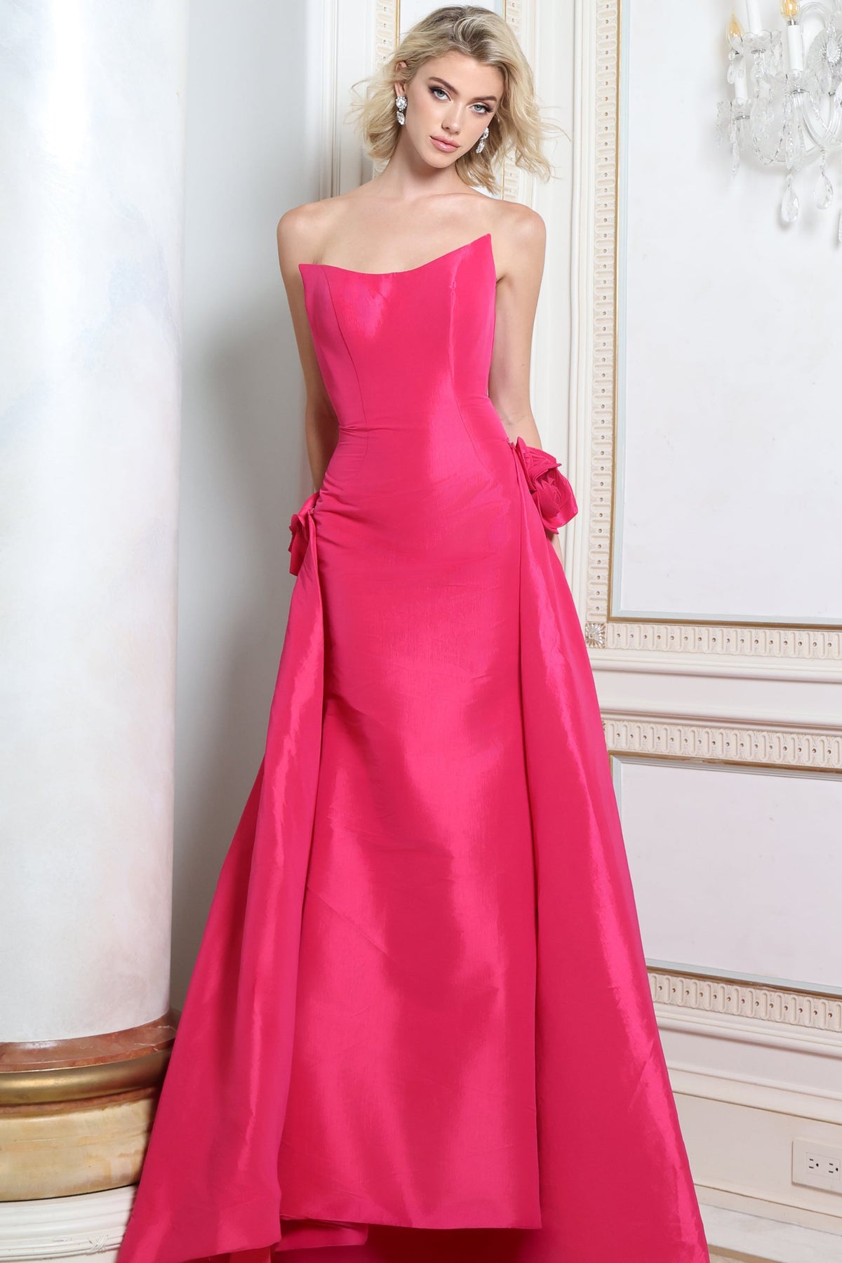 Jovani Prom Dress 00 / Black Jovani 49624 Strapless Rosette Satin A Line Gown With Overskirt