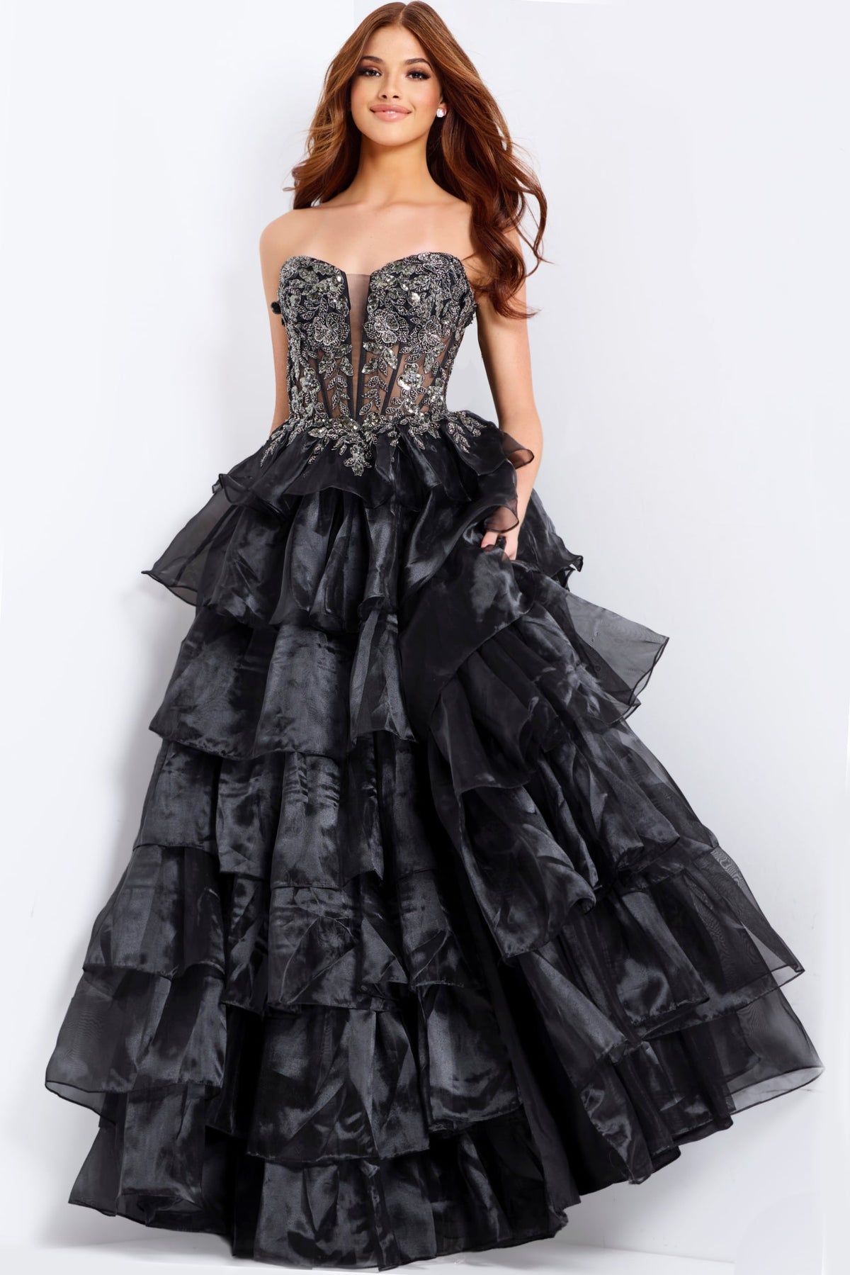 Jovani Prom Dress 00 / Black Jovani 50259 Strapless Ball Gown With Embroidered