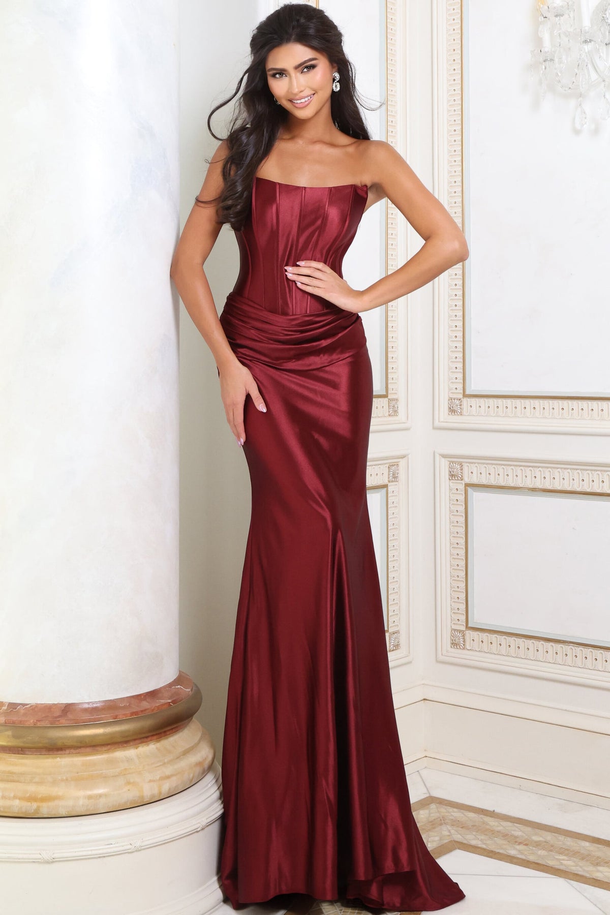 Jovani Prom Dress 00 / Black Jovani 53465 Strapless Corset Ruched Satin Fitted Mermaid Prom Gown