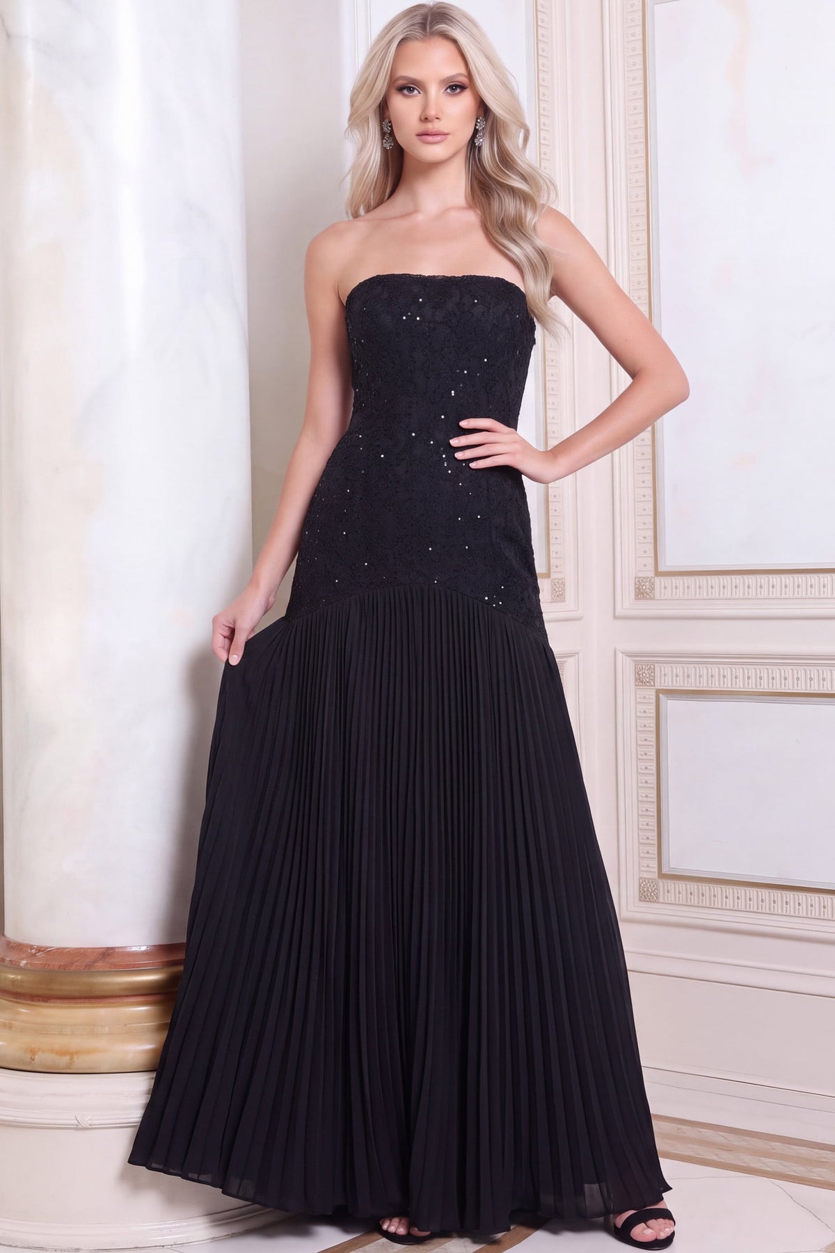 Jovani Prom Dress 00 / Black Jovani 54323 Strapless Beaded Pleated Chiffon Cape Gown