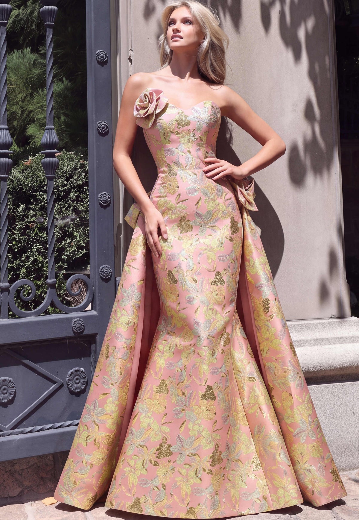 Jovani Prom Dress 00 / Blush/Multi Jovani 52771 Strapless Floral Jacquard Mermaid Gown With Overskirt