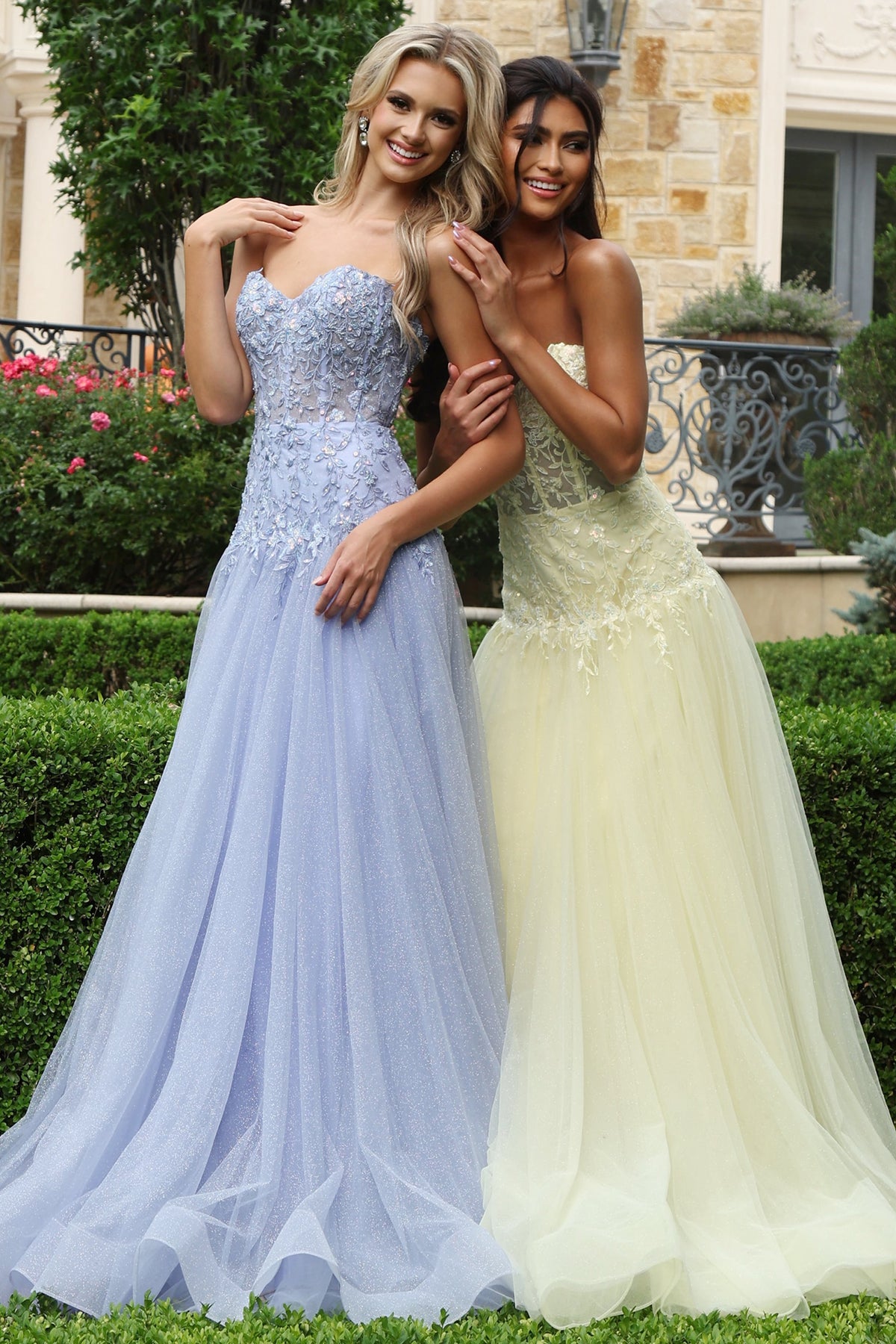 Jovani Prom Dress 00 / Butter Yellow Jovani 54774 Strapless Corset Lace Applique Tulle A Line Gown