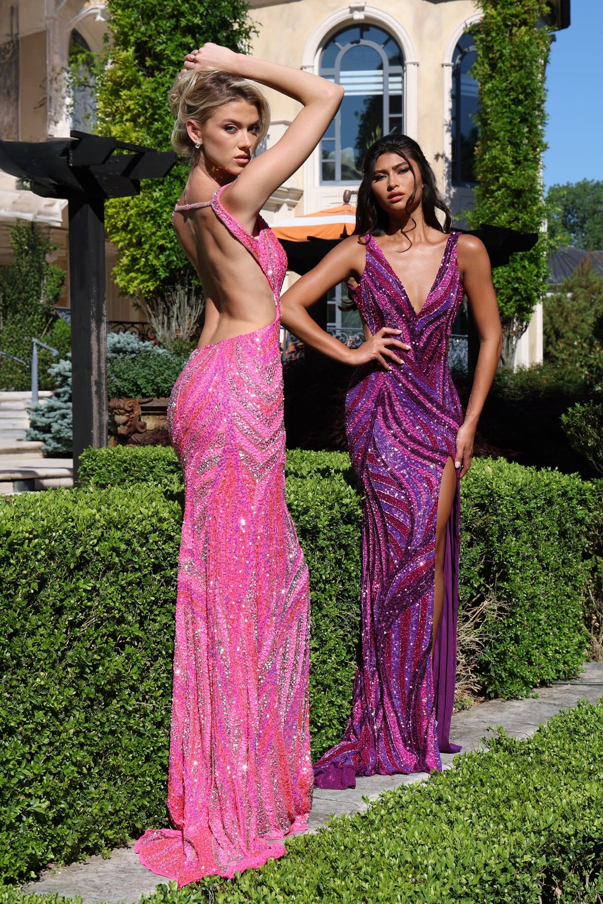 Jovani Prom Dress 00 / Dark Green Multi Jovani 47793 Deep V Purple Sequin Gown With Side Cutouts