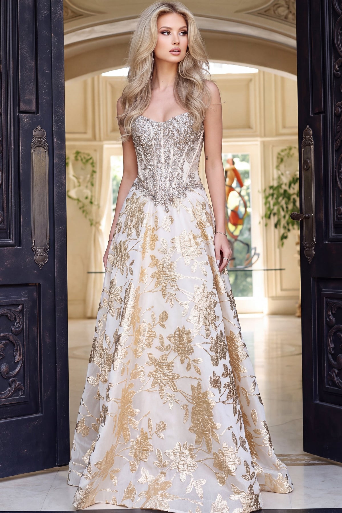 Jovani Prom Dress 00 / Gold Jovani 54869 Strapless Beaded Corset Metallic Jacquard A Line Gown