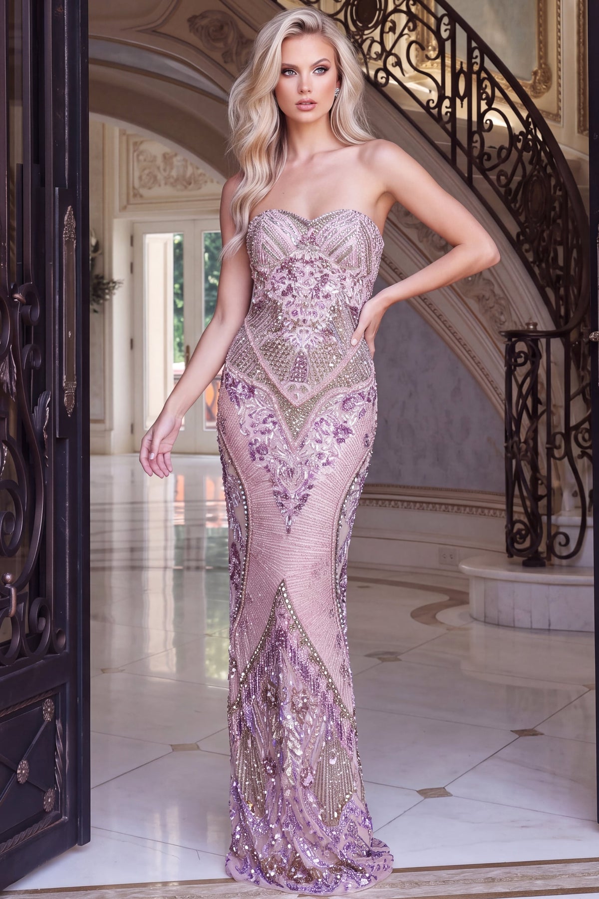Jovani Prom Dress 00 / Lilac Jovani 54504 Strapless Corset Bodice Beaded Floral Fitted Gown