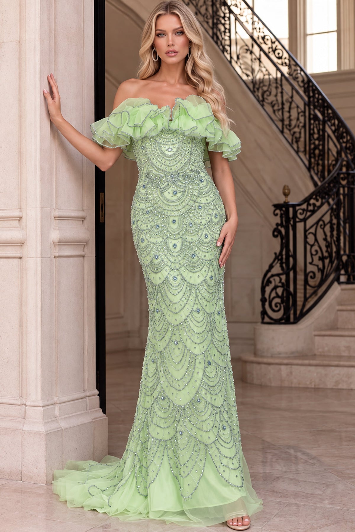 Jovani Prom Dress 00 / Mint Jovani 51766 Off Shoulder Ruffle Beaded Scalloped Fitted Pageant Gown