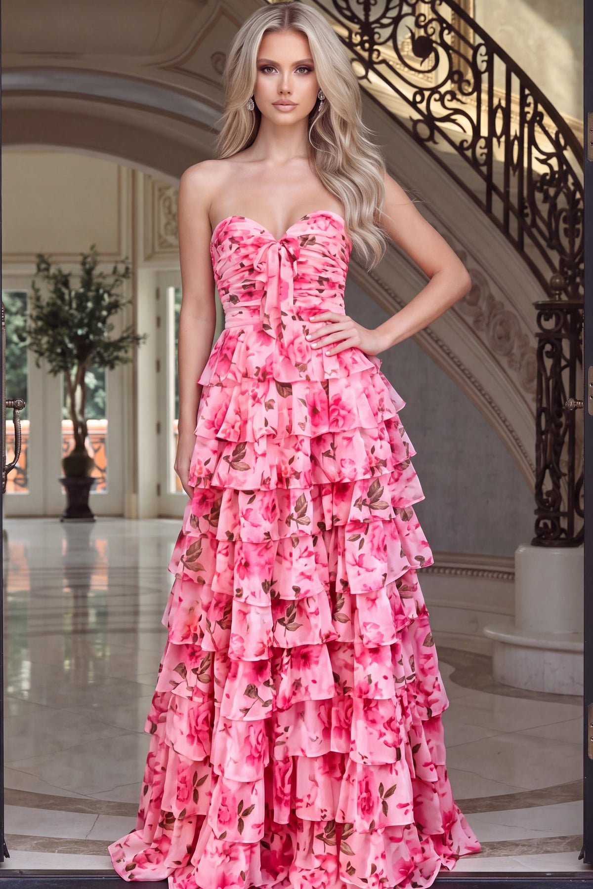 Jovani Prom Dress 00 / Pink Jovani 53486 Strapless Sweetheart Floral Print Tiered Ruffle Gown