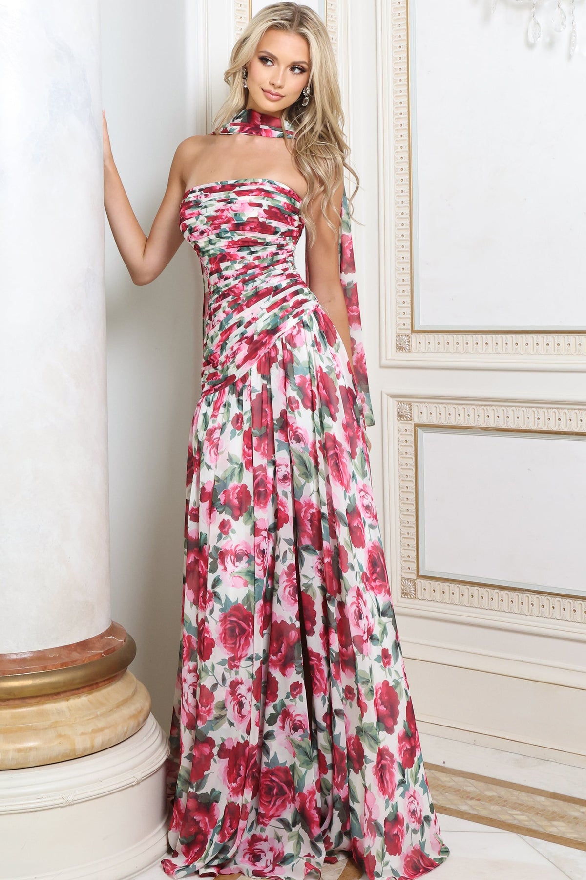 Jovani Prom Dress 00 / Pink/Print Jovani 52658 Strapless Rose Print Chiffon A Line Gown With Scarf