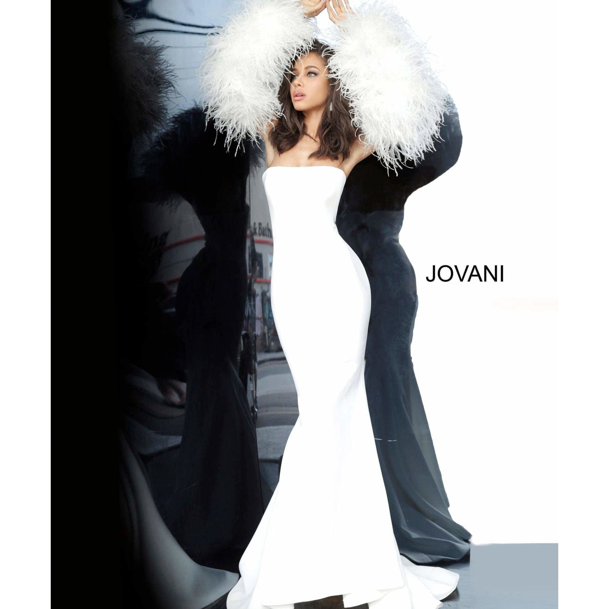 Jovani Prom Dress Jovani 1226 Strapless Fur Sleeves Jovani Gown