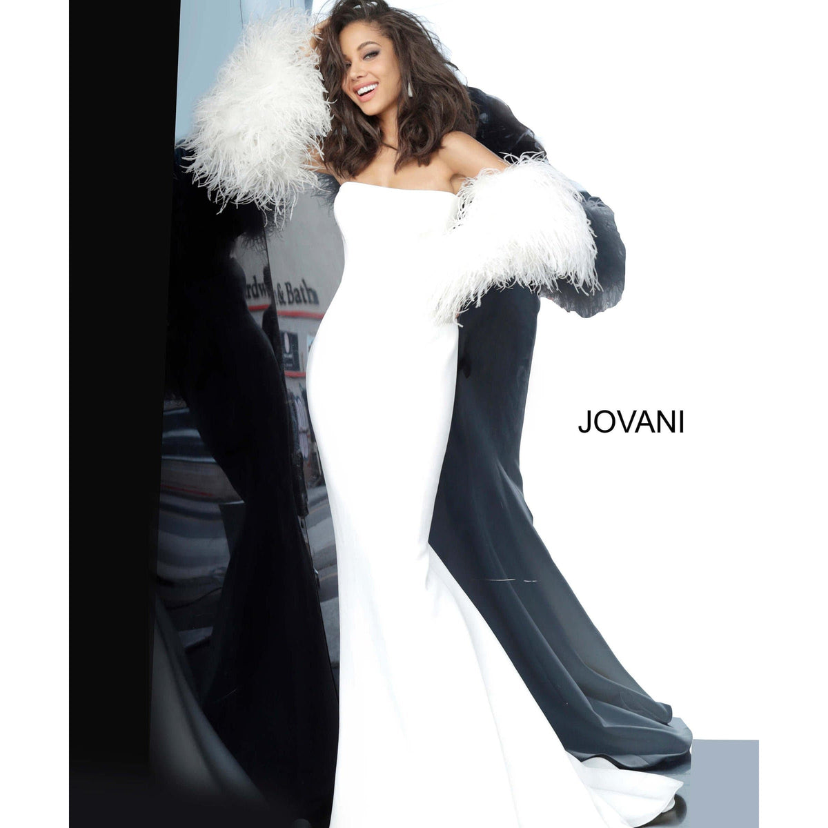 Jovani Prom Dress Jovani 1226 Strapless Fur Sleeves Jovani Gown