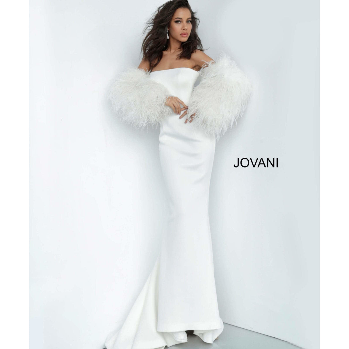 Jovani Prom Dress Jovani 1226 Strapless Fur Sleeves Jovani Gown