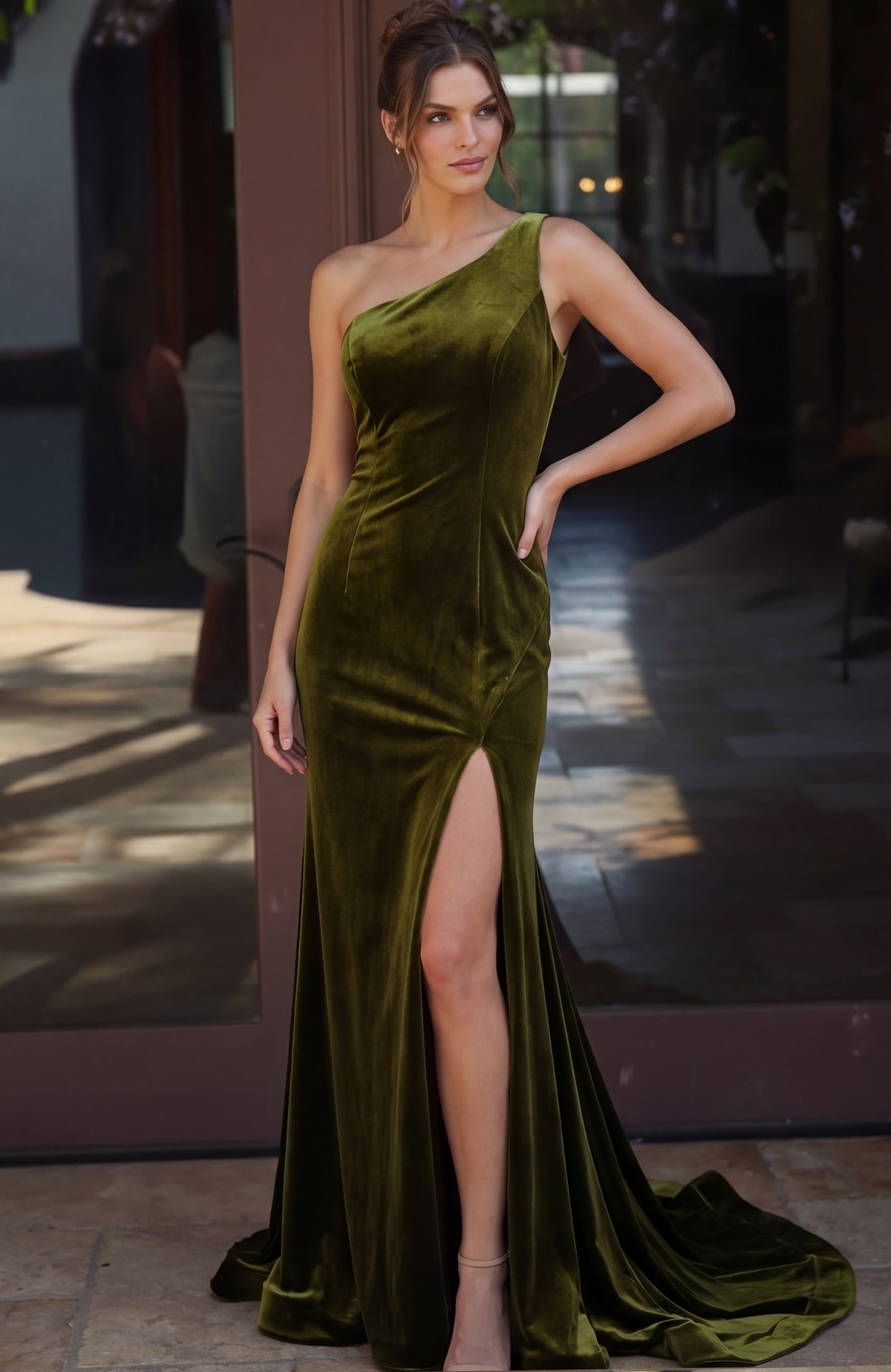 Jovani Prom Dress Jovani 45628 Velvet One Shoulder Gown With High Slit