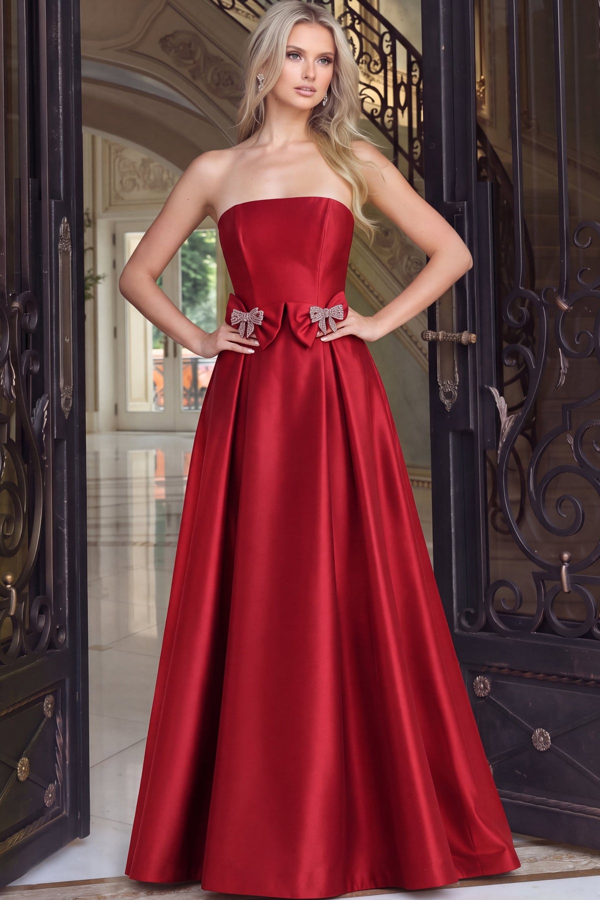 Jovani Prom Dress Jovani 47594 Strapless Ball Gown With Crystal Bow Accents