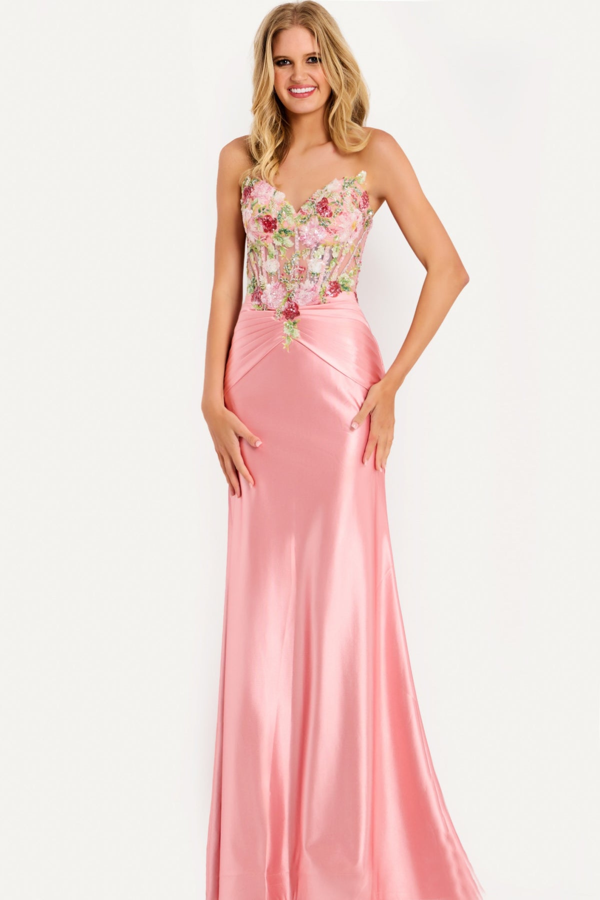 Jovani Prom Dress Jovani 50014 Floral Embroidered Satin Mermaid Gown