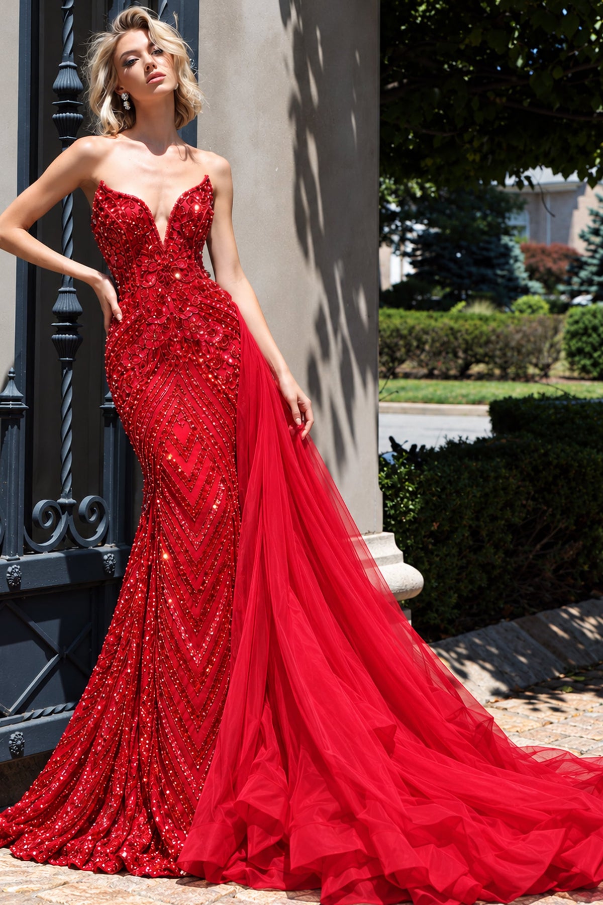Jovani Prom Dress Jovani 50222 Strapless Beaded Bodice Gown With Flowing Tulle Skirt