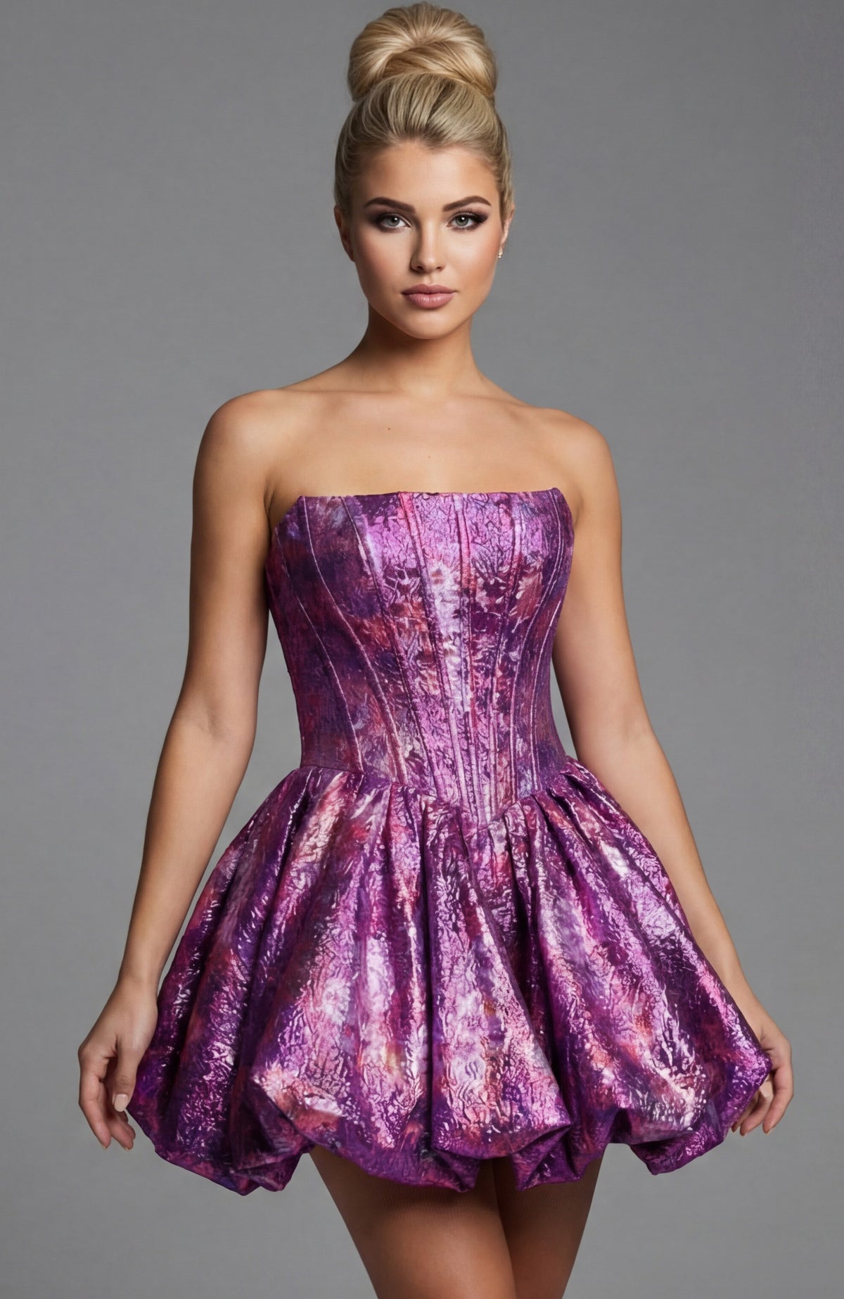 Jovani Prom Dress Jovani 51572 Strapless Brocade Corset Mini Dress With Full Skirt