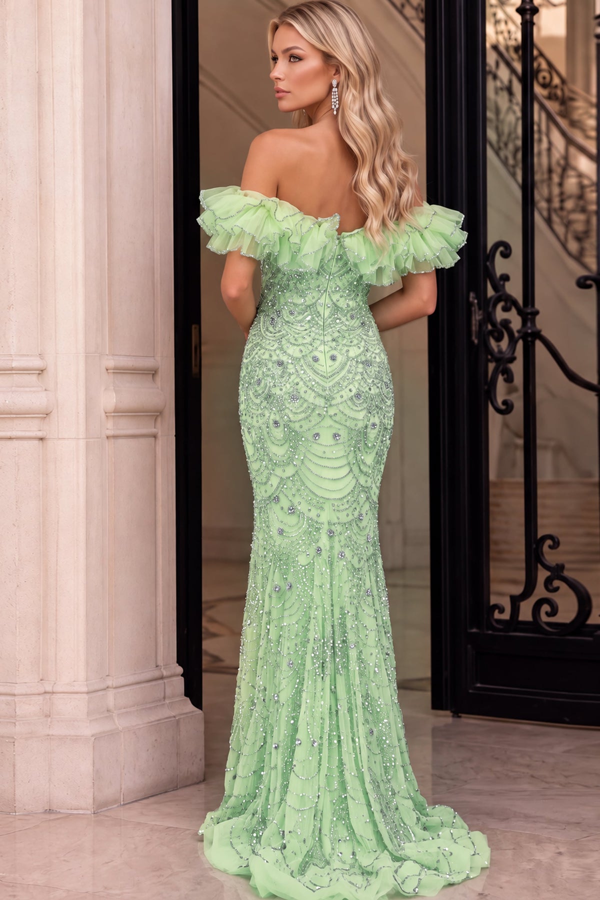 Jovani Prom Dress Jovani 51766 Off Shoulder Ruffle Beaded Scalloped Fitted Pageant Gown