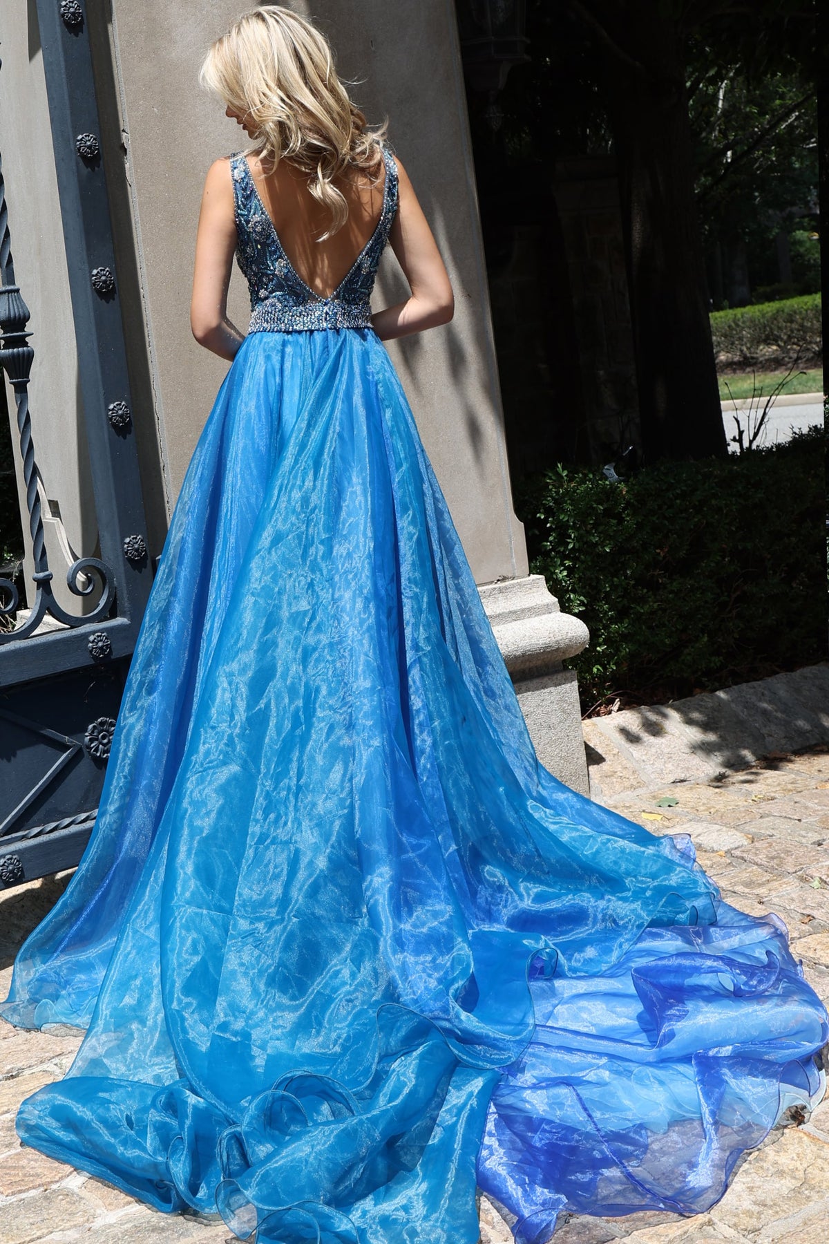Jovani Prom Dress Jovani 51775 Beaded Plunging V-Neck Organza Ball Gown
