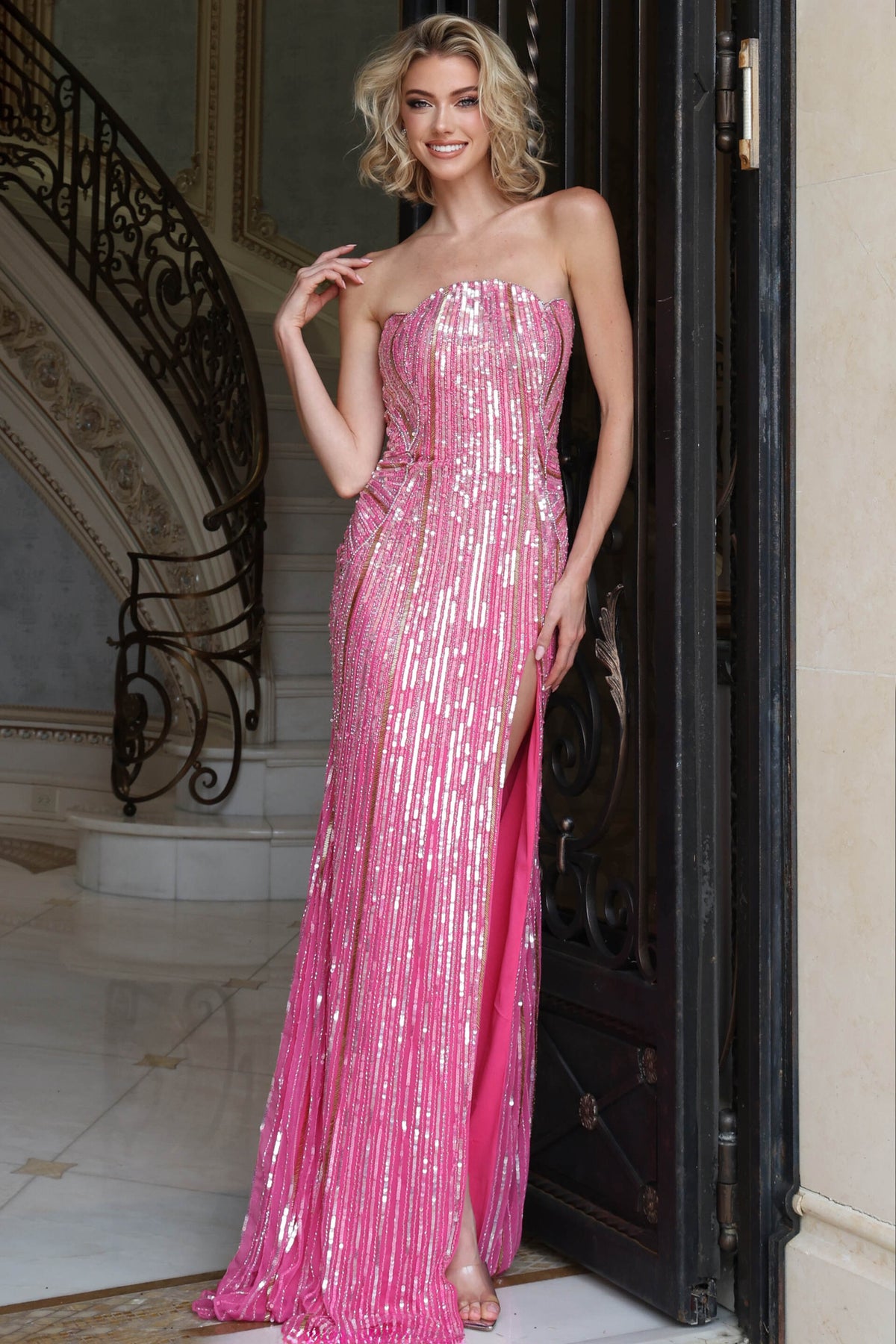 Jovani Prom Dress Jovani 52534 Strapless Vertical Sequin High Slit Column Gown