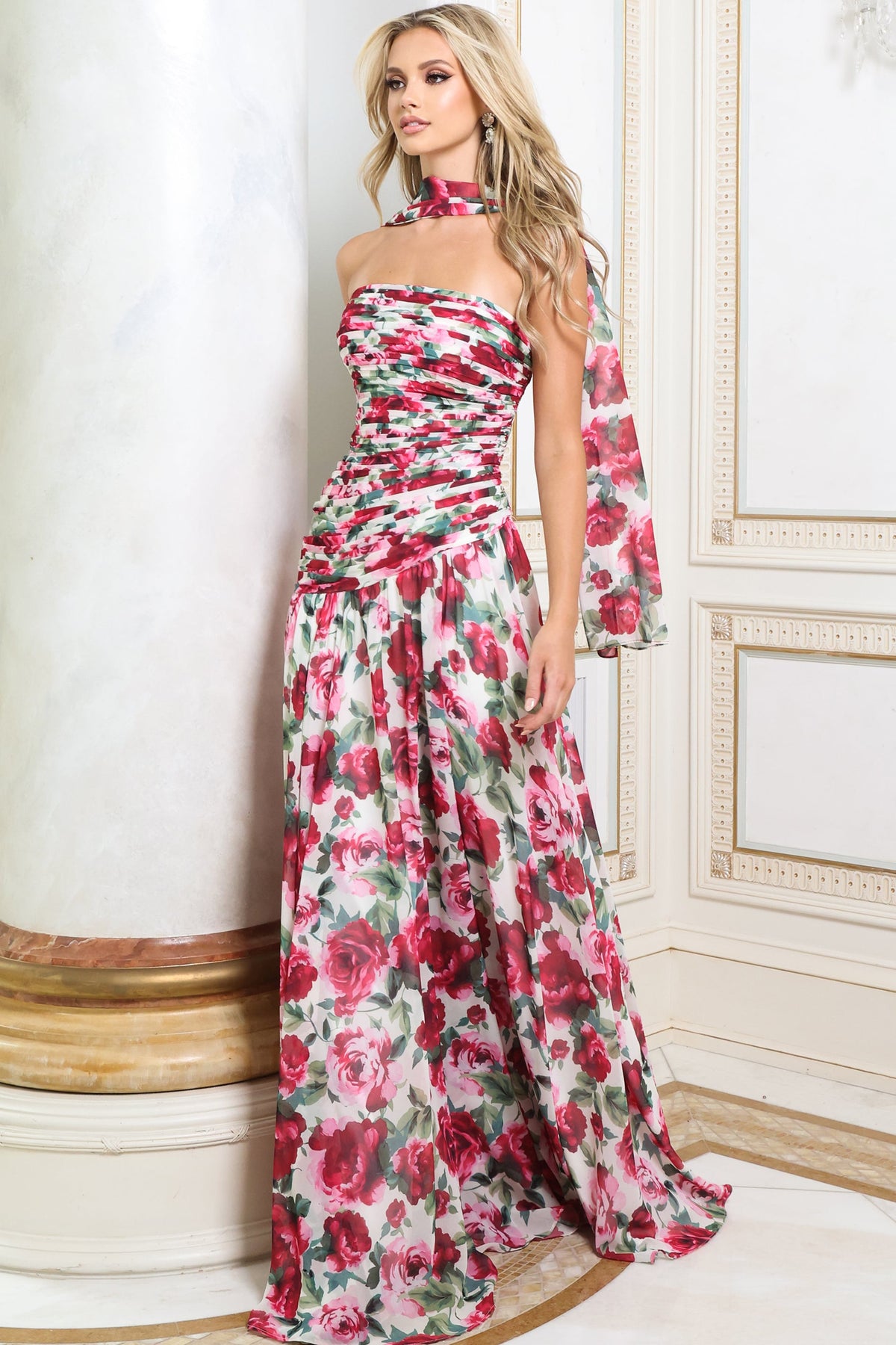 Jovani Prom Dress Jovani 52658 Strapless Rose Print Chiffon A Line Gown With Scarf