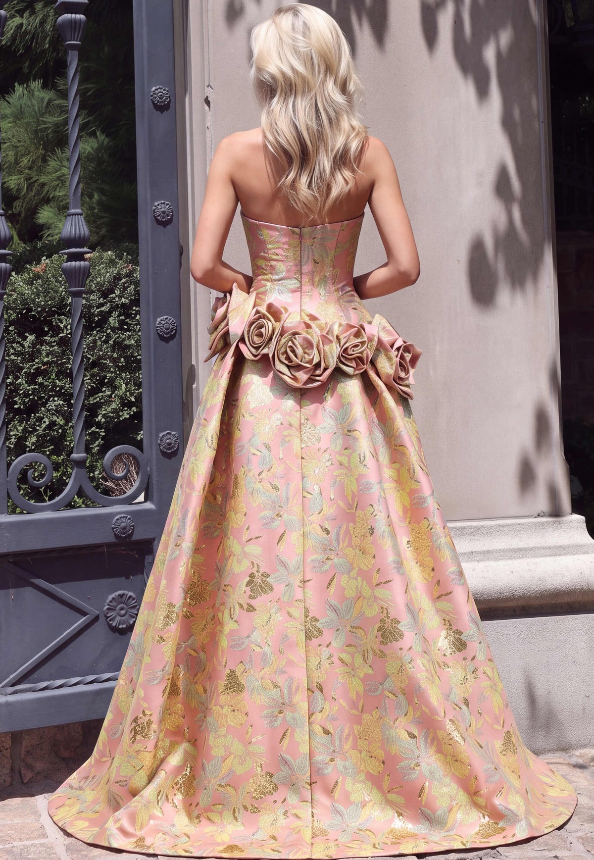 Jovani Prom Dress Jovani 52771 Strapless Floral Jacquard Mermaid Gown With Overskirt