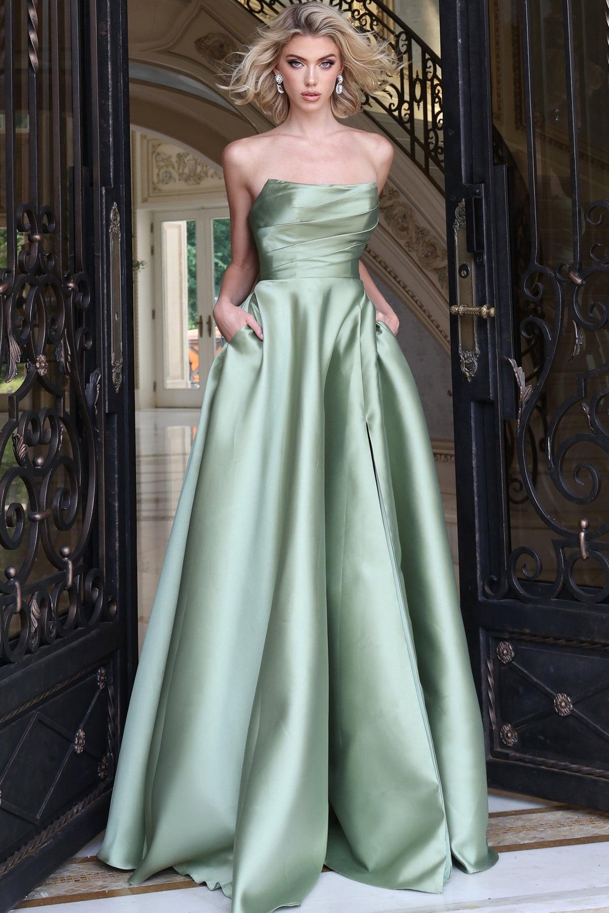 Jovani Prom Dress Jovani 53327 Strapless Draped Bodice Satin A Line Slit Gown