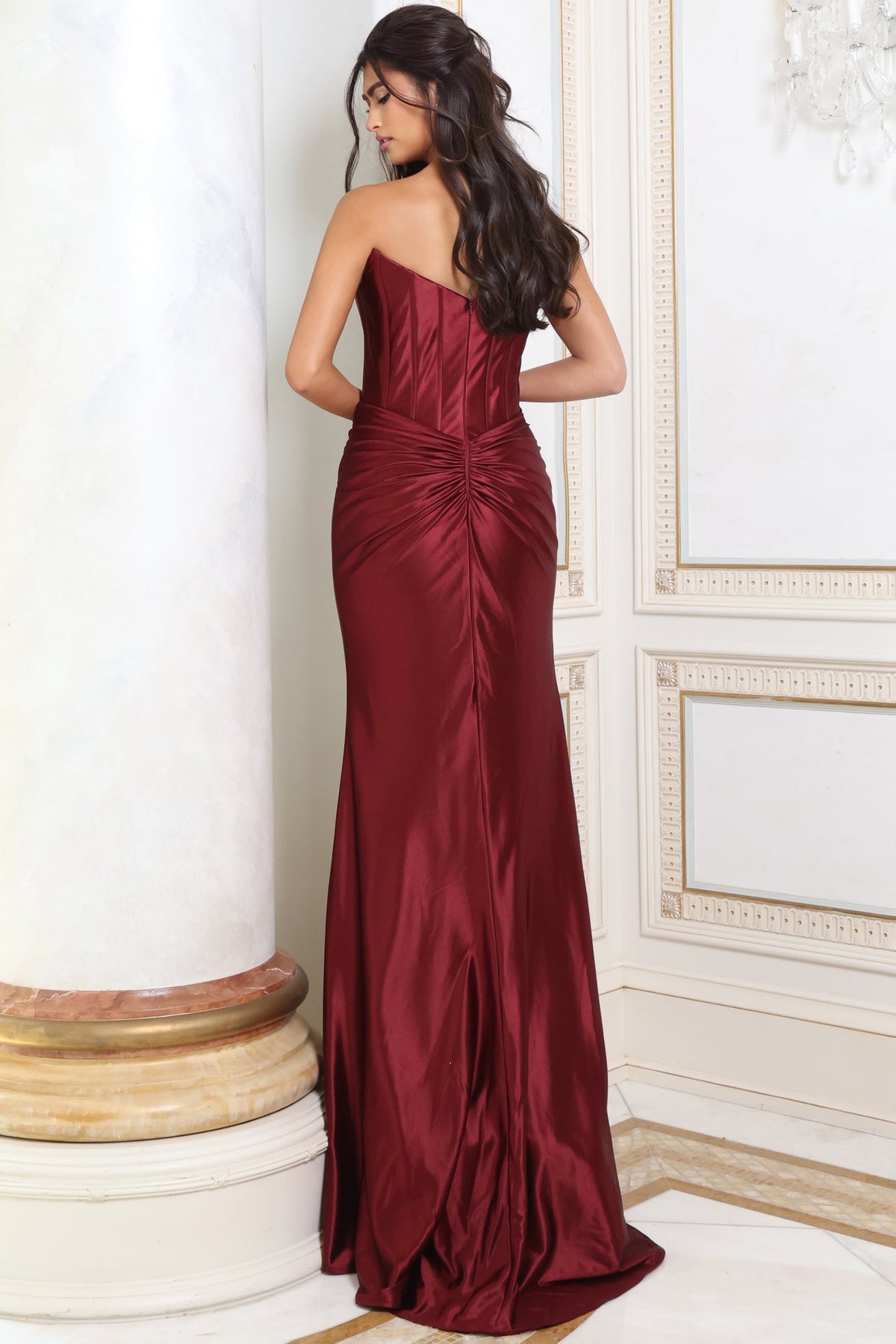 Jovani Prom Dress Jovani 53465 Strapless Corset Ruched Satin Fitted Mermaid Prom Gown