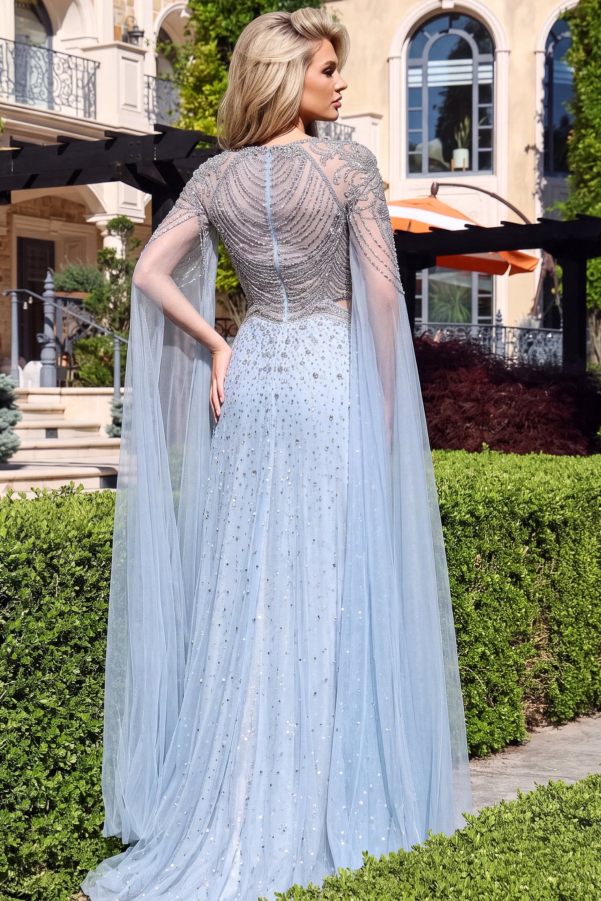 Jovani Prom Dress Jovani 54757 Tulle Square Neck Long Sleeve A Line Gown