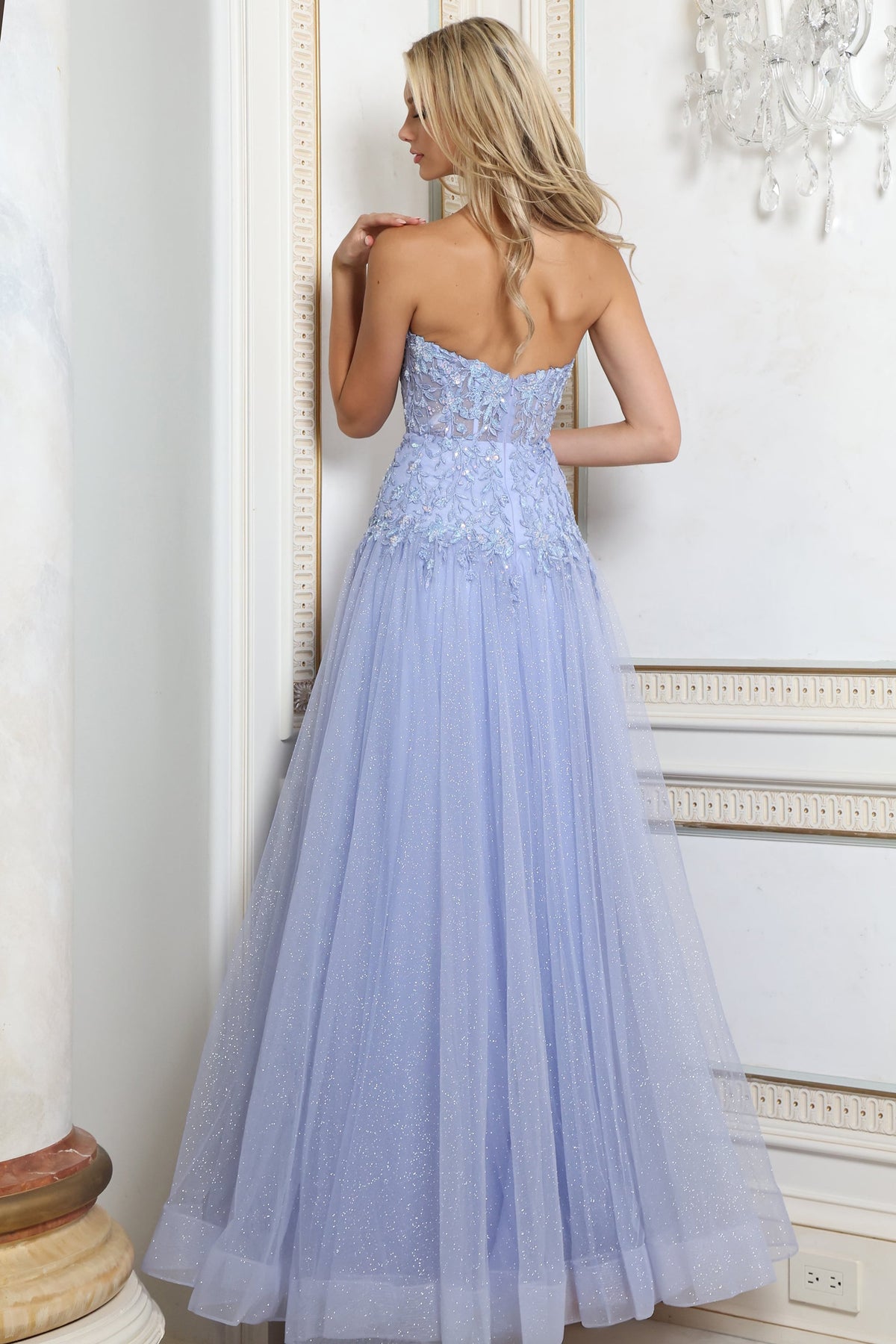 Jovani Prom Dress Jovani 54774 Strapless Corset Lace Applique Tulle A Line Gown