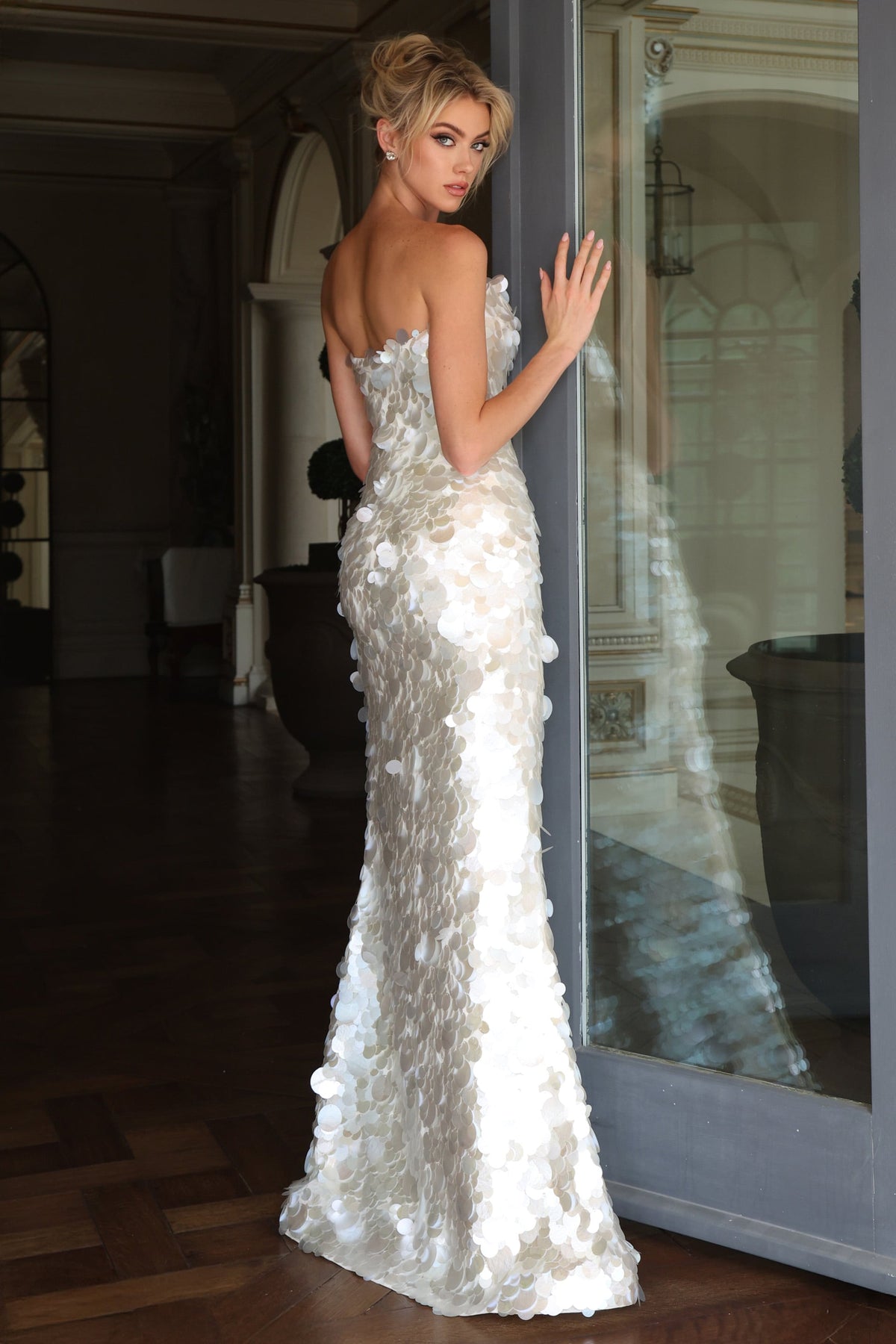 Jovani Prom Dress Jovani 55178 Strapless Paillette Sequin Column Slit Gown