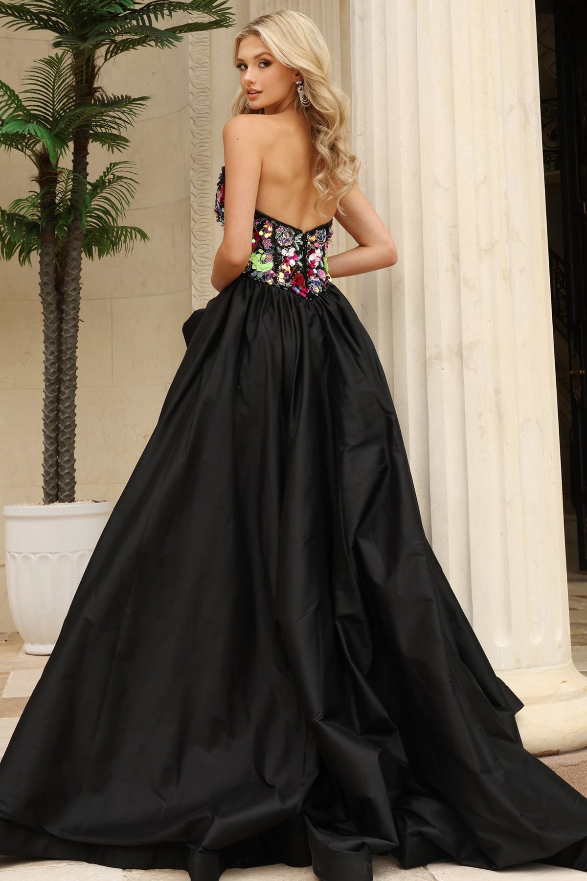 Jovani Prom Dress Jovani 55525 Strapless Floral Sequin Bodice Taffeta Ball Gown
