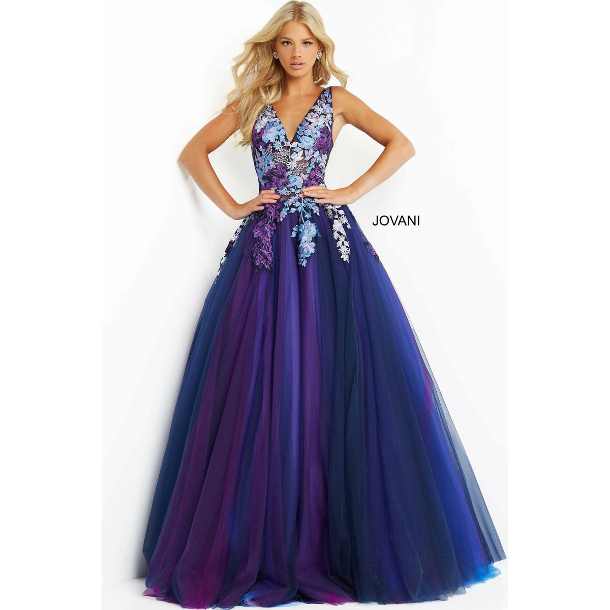 Jovani Prom Dress Jovani Navy Multi Floral Bodice Tulle Prom Ballgown 06807