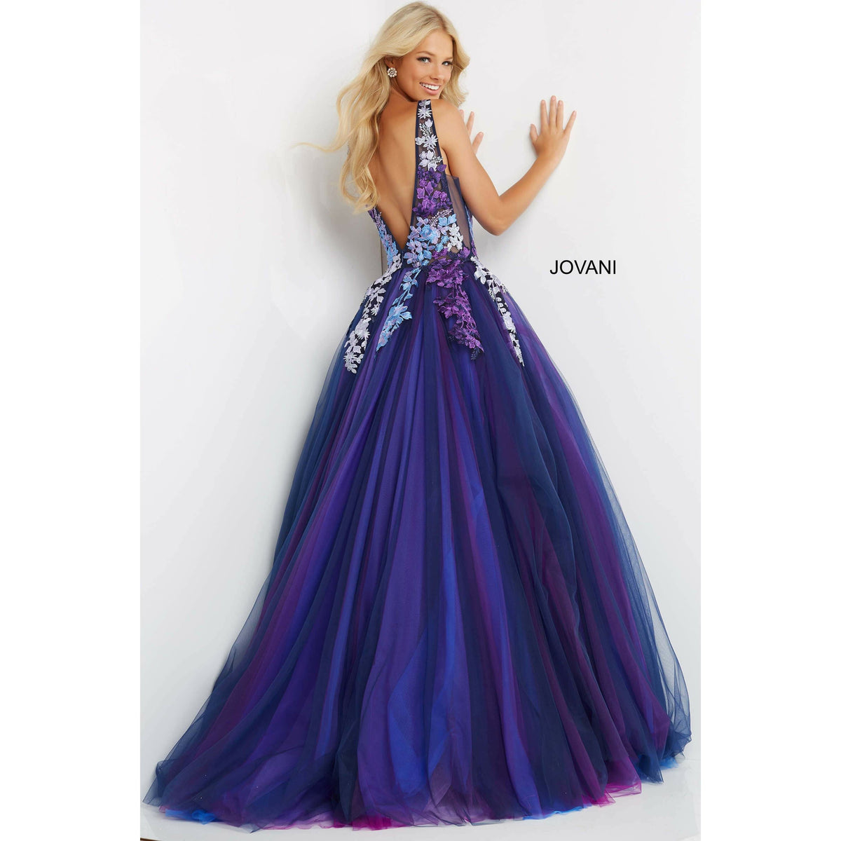 Jovani Prom Dress Jovani Navy Multi Floral Bodice Tulle Prom Ballgown 06807