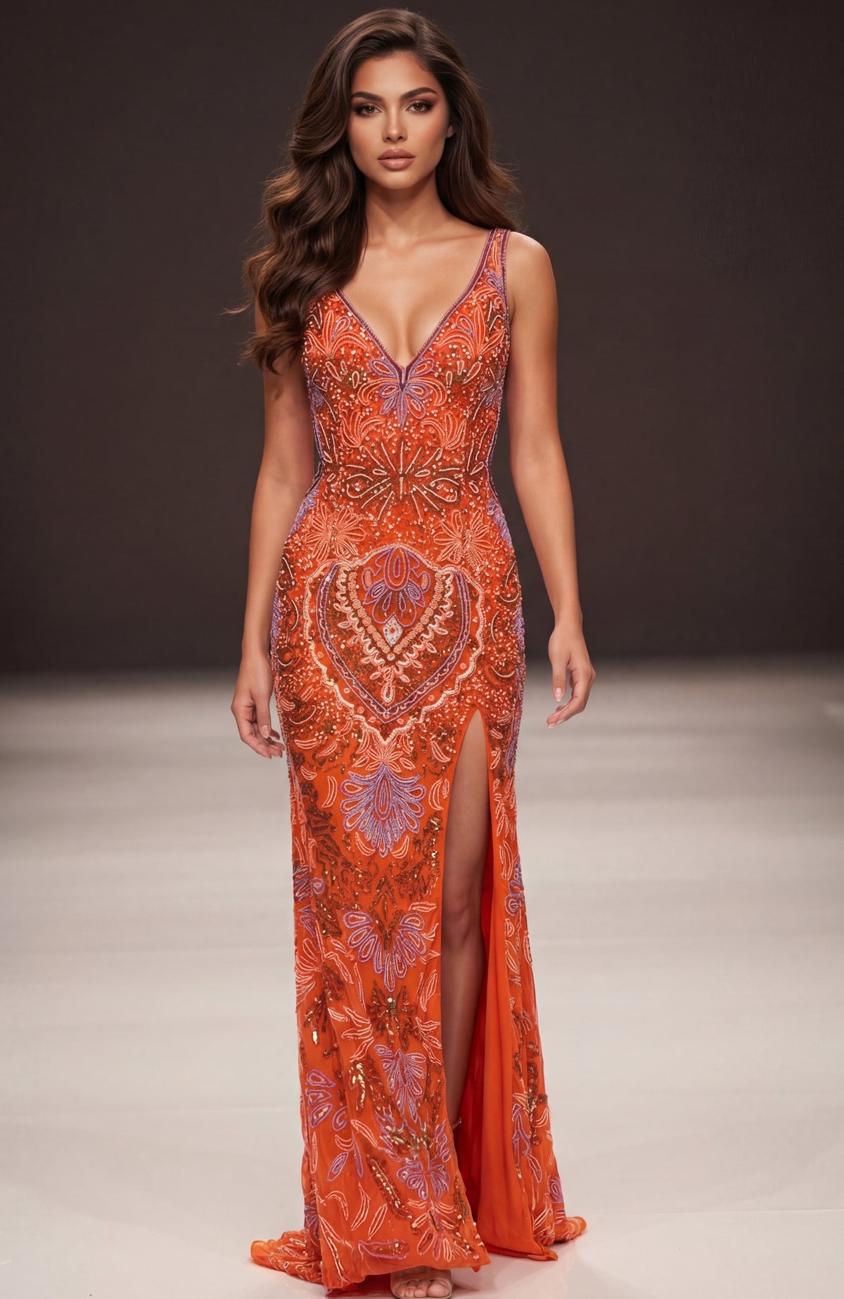 Jovani Prom Dress Plunging V-Neck Gown with Intricate Embroidery and High Slit - Jovani 45533