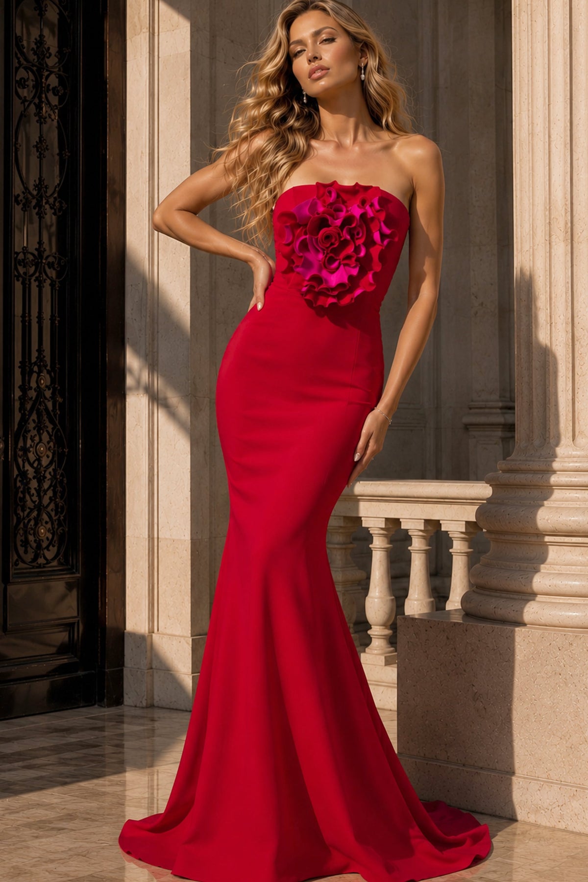 Jovani Prom Dress Strapless Gown with 3D Floral Detail and Fitted Silhouette - Jovani 40214