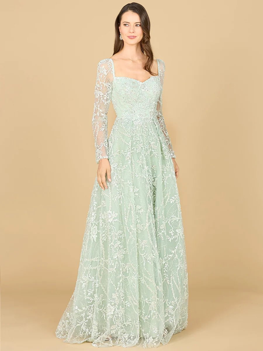 Lara 29151 Long Sleeve Beaded Lace Gown 14 / Dusty Sage