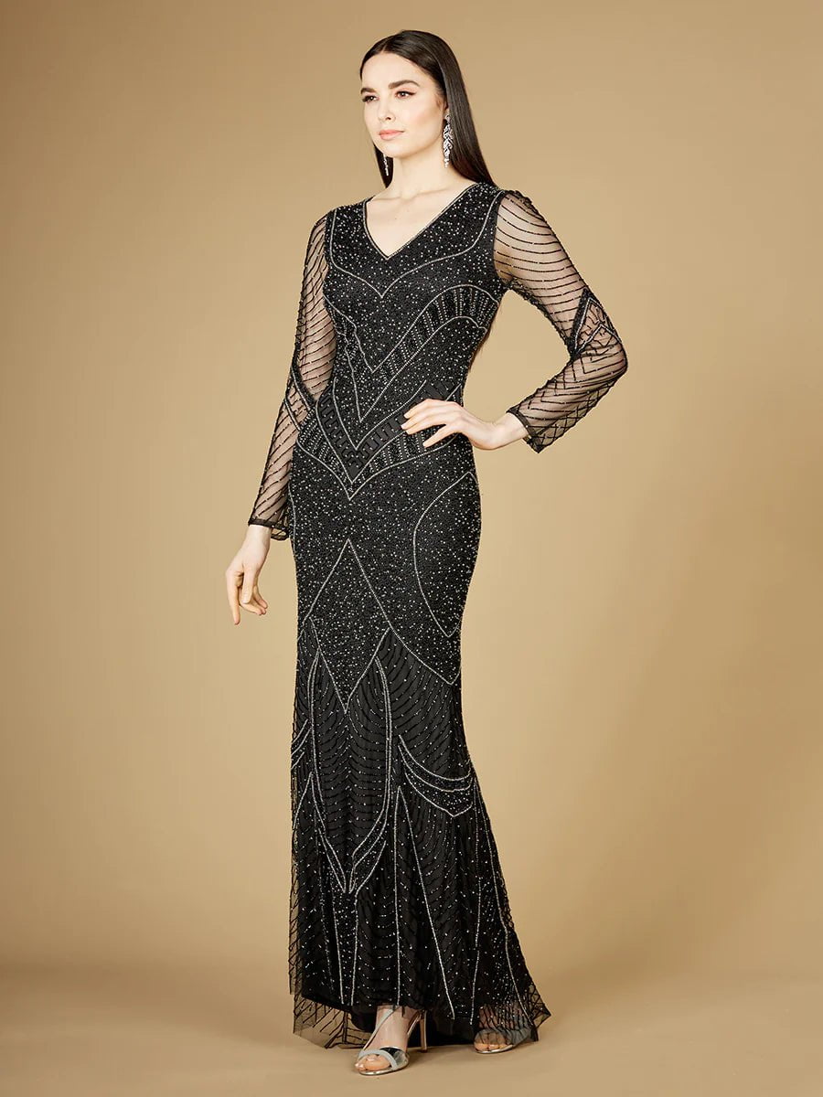 Lara 29173 Long Sleeve Beaded Dresses With Sheer Sleeves 4 / Black Lara 29173 Long Sleeve Beaded Dresses With Sheer Sleeves 4 / Black