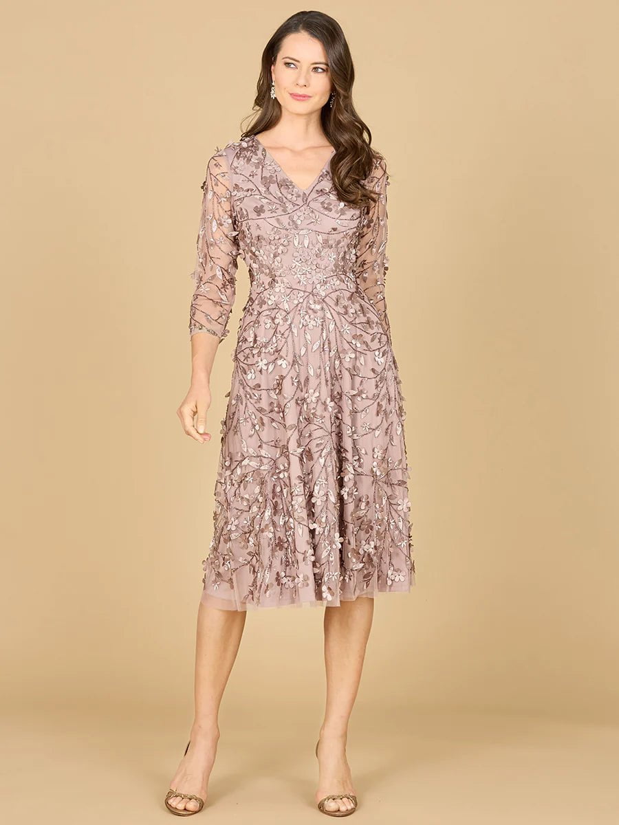 Lara Design Dress LARA 29184 - FLOWING, 3D EMBROIDERED MIDI DRESS WITH SLEEVES