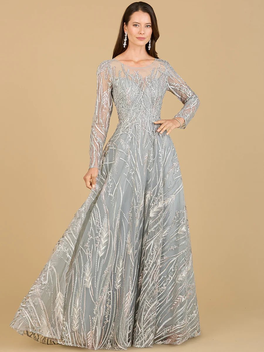 lara design dress 29192 Long Sleeve Illusion Neck Gown Color:Blue Ditsy 3/27/2026 Lara couture GAP drop waist bandeau This is one of