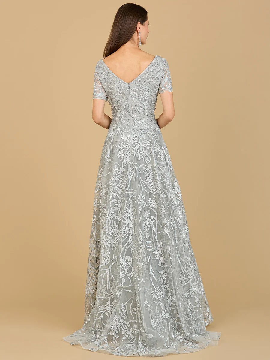 Lara Design Dress LARA 29193 - SHORT SLEEVE LACE A-LINE DRESS WITH V-NECKLINE