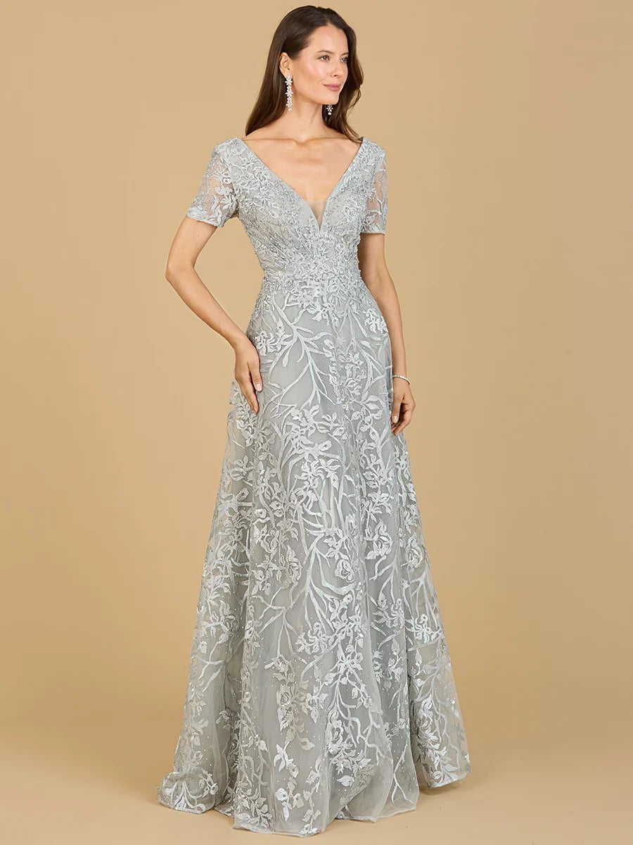 Lara Design Dress LARA 29193 - SHORT SLEEVE LACE A-LINE DRESS WITH V-NECKLINE