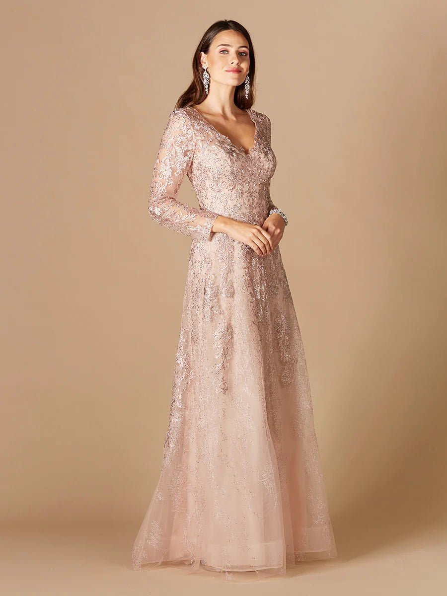 lara design dress Lara Dresses 29190 Tiered Sleeve V Neck Evening Gown 14 / Navy