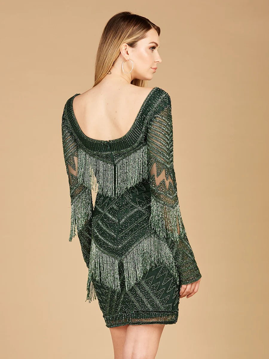 Lara Design Dress Lara 29355 - Long Sleeve Beaded V-neck Fringe Cocktail Mini