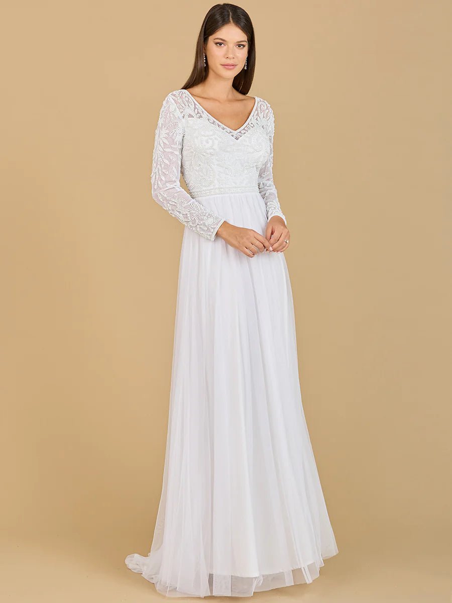 green emerald velvet dress Lara 51067 Long Sleeve Bridal Gown with Flowy Skirt 20 / Ivory