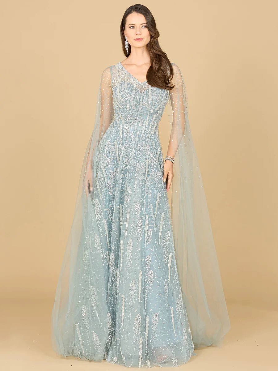 Lara 29143 Lace Gown with Cape Sleeves and V-Neckline 18 / Dusty Blue