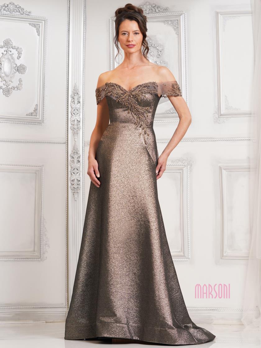 Marsoni MV1305 off shoulder brocade dress 14 / bronze Marsoni MV1305 off shoulder brocade dress 14 / bronze