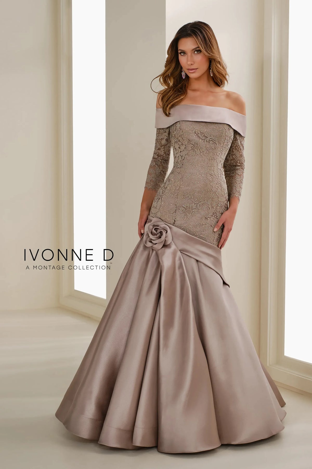 Mon Cheri Ivonne D mother of bride dress Ivonne D ID1409 Beaded Lace Trumpet Gown